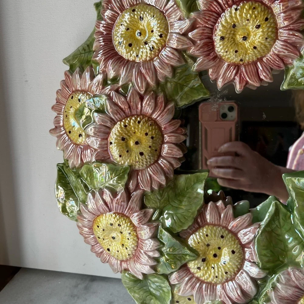 Floral Sunflower Wall Mirror - Pink and Green majolica ceramic artist mirror